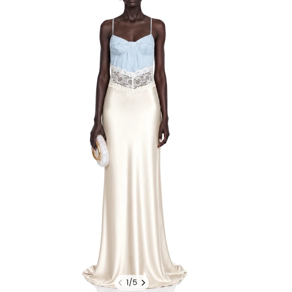 Miss Rosie Maxi Dress Women L Cream Blue Denim Lace Satin Corset Slip